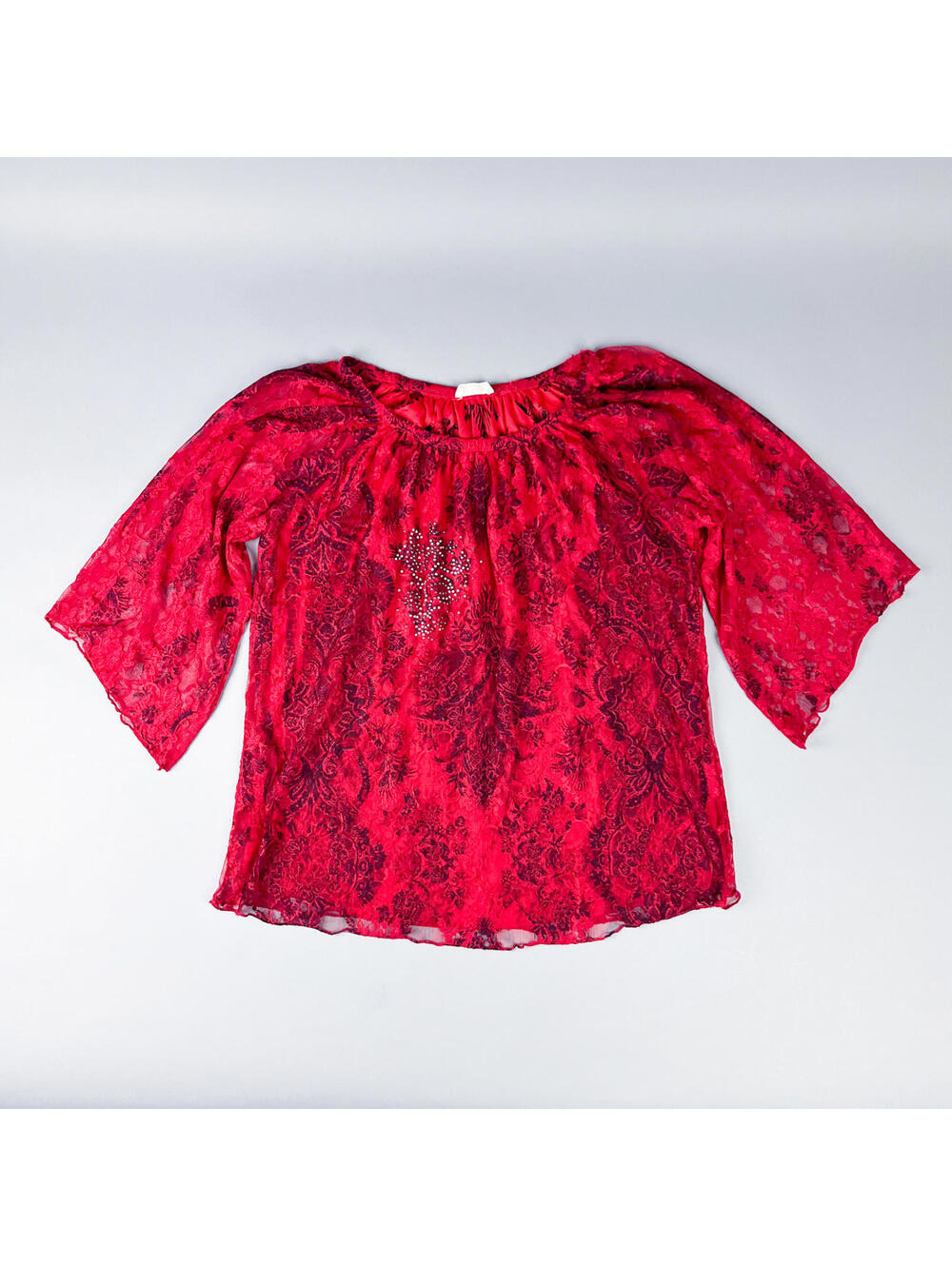 Y2K Red Lace Flowy Blouse with Studded Detail, Bell Sleeves